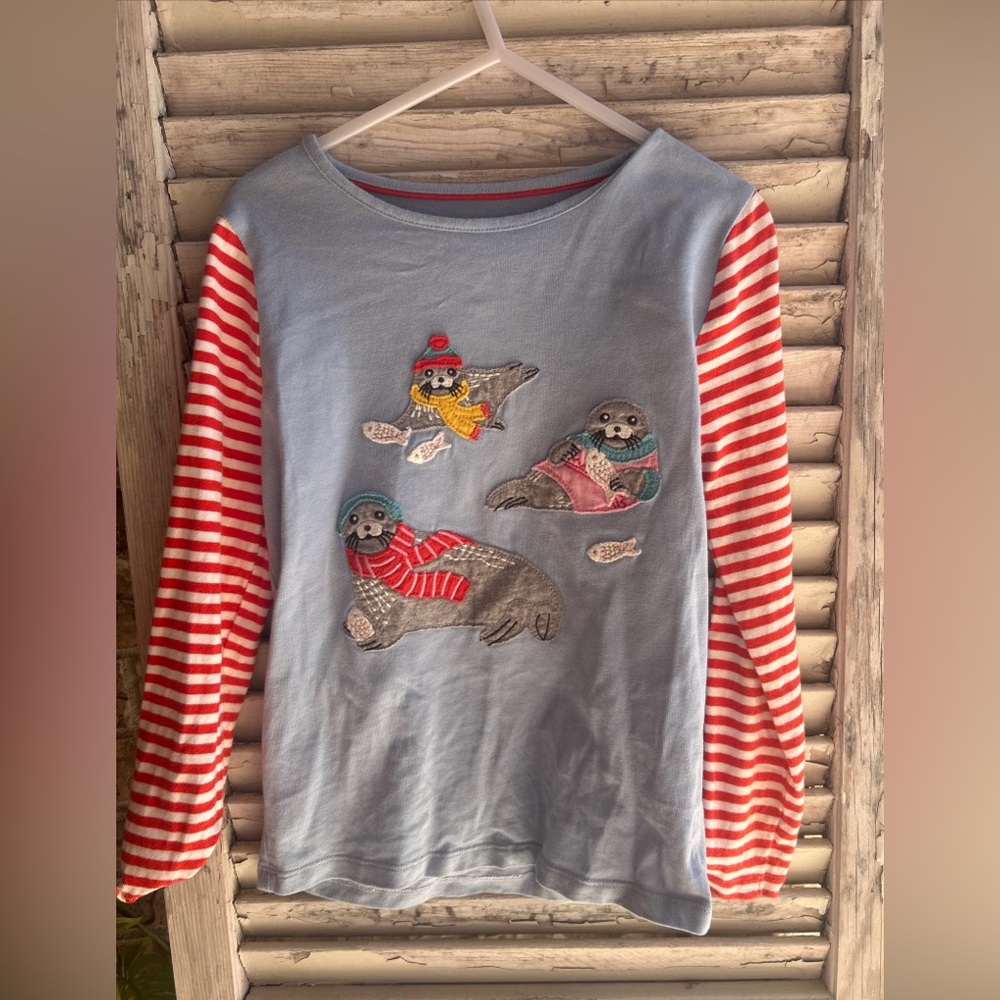 Mini Boden Girls  5-6 Winter Seals Striped Shirt Appliqué Fish.